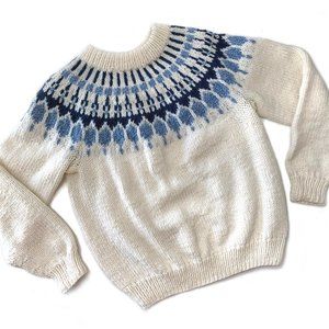 Elegant Cream and Blue Patterned Women's Sweater Nordic